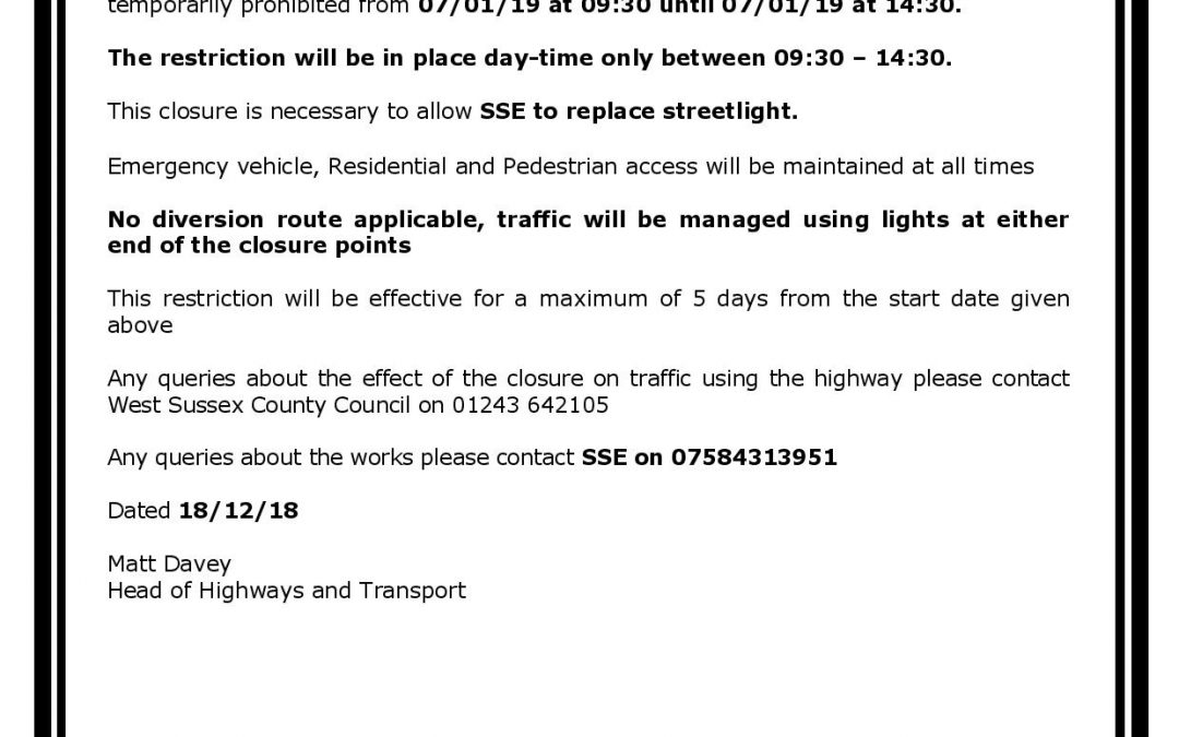 Road Closure Maltravers Street 07/01/19 – 09.30 – 14.30