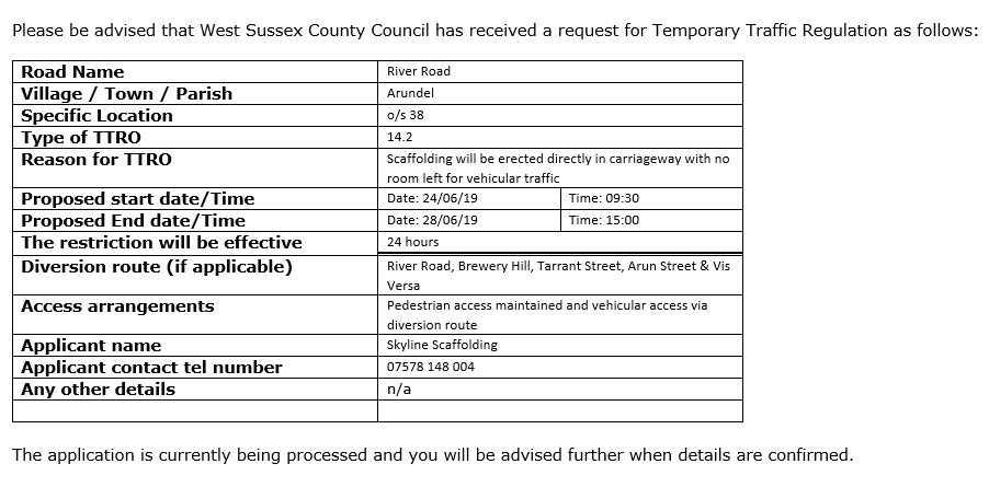 Early Warning Notice – Possible Temporary Traffic Regulation Order – River Road, Arundel (TBC)