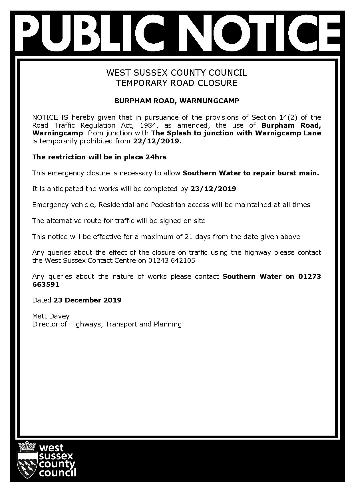 Temporary Traffic Regulation Order Arundel Town Council